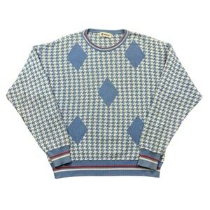 Vintage Antigua Sweater Mens XL Blue White Houndstooth USA Made Pullover Golf